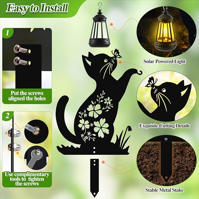 Tfro & Cile Cat Solar Light Outdoor Garden Lantern Stake Black Cat Halloween Decor with Butterfly Silhouette Decoration for Yard Lawn Patio