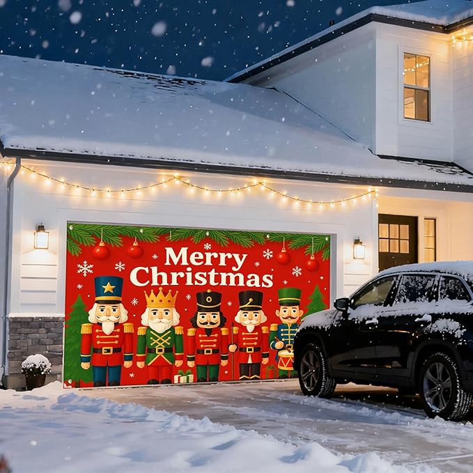IVN Christmas Garage Door Cover Decoration 13x6ft Nutcracker Lineup Green Accents Red Banner Merry Christmas Garage Door Banner Home Door Front Yard Decor for Xmas Eve Holiday Outdoor