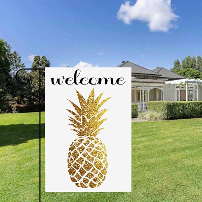 Gkyygk Welcome Gold Pineapple Garden Flag 12x18 Inch Double Sided Small Burlap Banners Yard House Seasonal Farmhouse Home Decor for Men Women