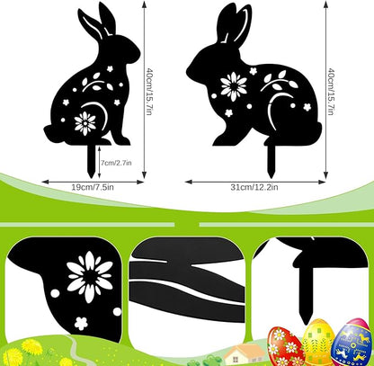 2 Pcs Easter Bunny Yard Signs Iron Rabbit Silhouette Decoration Black Metal Rabbit Yard Art for Outdoor Lawn Garden Spring Decor