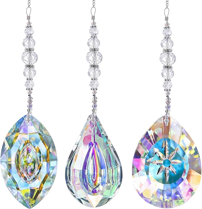 YU FENG 3PCS Crystal Suncatcher Set, Hanging Glass Prism Rainbow Maker for Window, Home & Garden Decor Light Catchers