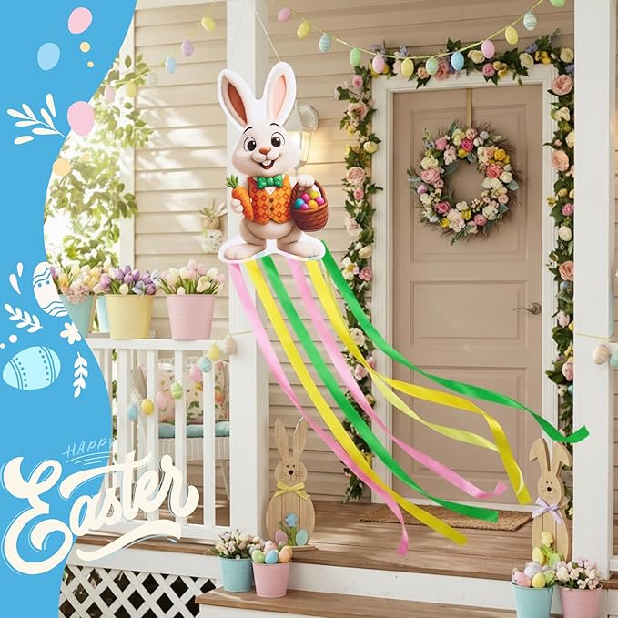 Soulchen Easter Bunny Windsock for Outside 40'' Windsocks for Easter Day Decorations Hanging Bunny for Farmhouse Garden Home Yard Decor