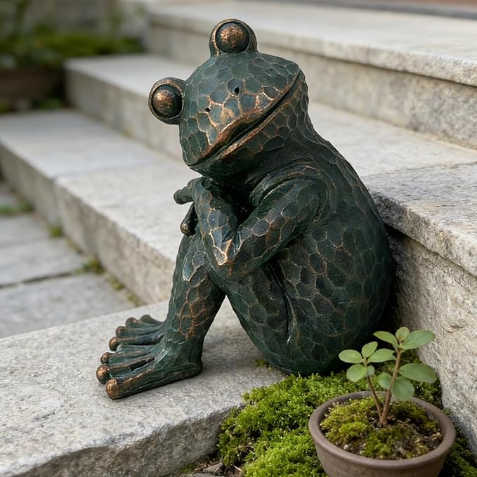 Vintage Bronze Meditating Frog Statue, 9.8" H Handcrafted Resin Zen Frog Figurine, Weather Resistant, for Garden, Patio, Indoor & Outdoor Home Decor