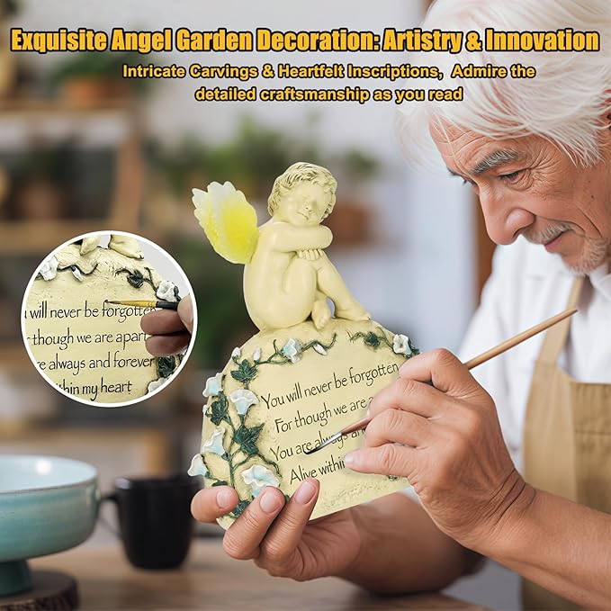 Inyasnowdis Solar Garden Angel Memorial Statue - Bereavement Gifts for Loved Ones & Pets, Hand-Painted Garden Sculpture with Engraved Stone Cemetery Grave Decorations