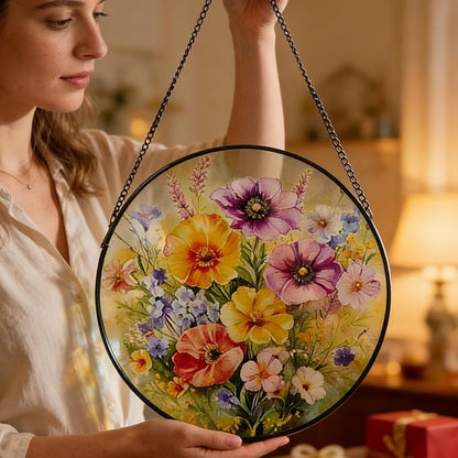 Stained Glass Window Hanging, 9.8 Inch Poppy & Wildflower Suncatcher for Window Hanging, Vibrant Glass Art for Garden Home Window Decor, Gift for Mom, Grandma, Wife, Nana
