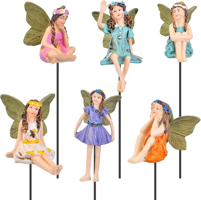 Blulu 6 Pieces Garden Miniature Fairies Accessories Fairy Garden Decor with Stick Mini Figurines Accessories Ornaments for Outdoor Indoor Yard Lawn Decoration