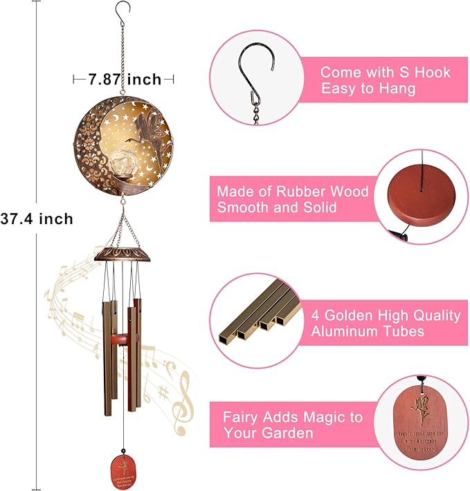 Tryme Wind Chimes Outdoor Fairy Hanging Solar Lights with 4 Aluminum Tubes, Moon Yard Decorations for Patio, Porch, Deck, Perfect Gardening Gifts for Women