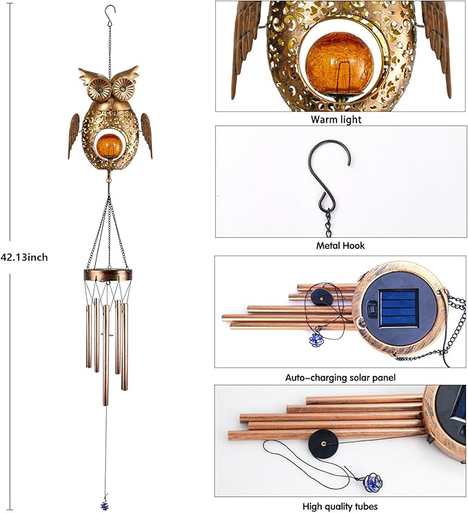 Solar Owl Wind Chimes Outdoor, Waterproof Sun Wind Bells Light with Crackle Glass Ball for Outside, Clearance Unique Gifts for Mother's Day, Birthday, Women, Girls, Garden Decor