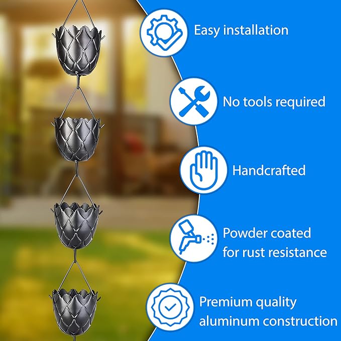 RainChains Pacific Fluted Scalloped Rain Chain 8.5ft Black Aluminum Rain Chain for Heavy Rain Premium Decorative Gutters.