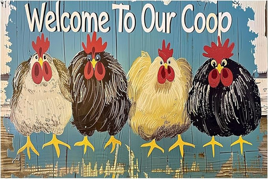 Chicken-Sign Metal-Sign Wall-Art Décor-Yard, Welcome to Our Coop, Farm Plaque Garden Sign Outdoor Coop Décor for Home Fence 8 X 12 Inches