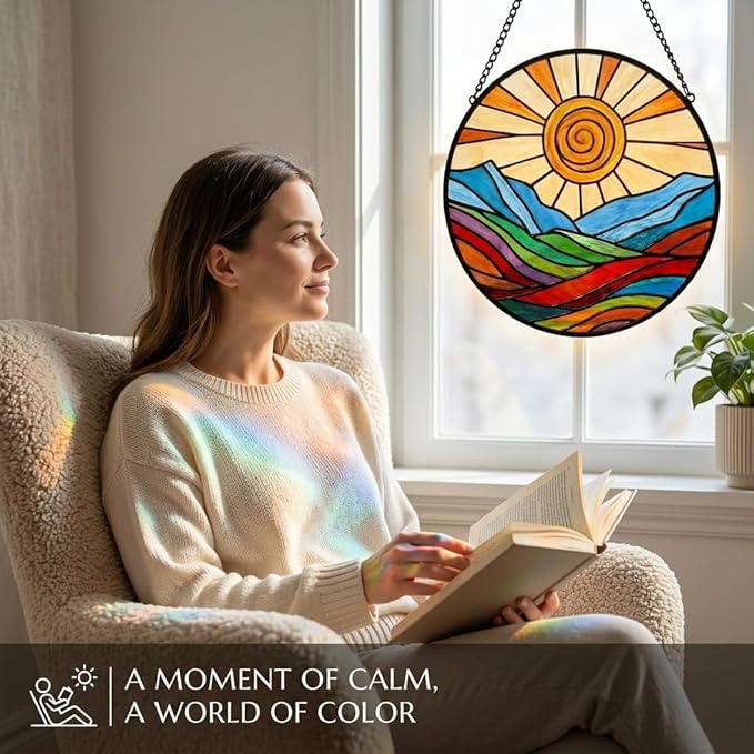Stunning 12" Stained Glass Suncatcher - Colorful Spiral Sun & Rainbow Mountain Window Hanging, Handcrafted Outdoor Garden Decor, Ideal Mother’s Day or Housewarming Gift