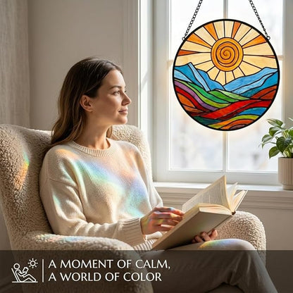 Stunning 12" Stained Glass Suncatcher - Colorful Spiral Sun & Rainbow Mountain Window Hanging, Handcrafted Outdoor Garden Decor, Ideal Mother’s Day or Housewarming Gift