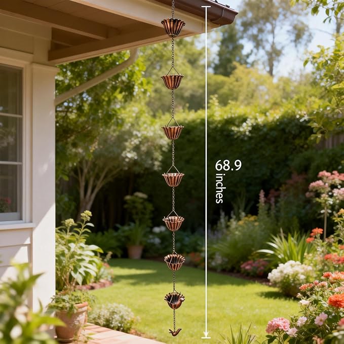 Decorative Rain Chain with Grooved Cups and Bird-Shaped Pendants, Brass-Finish, Outdoor Downspout Alternative (Brass)
