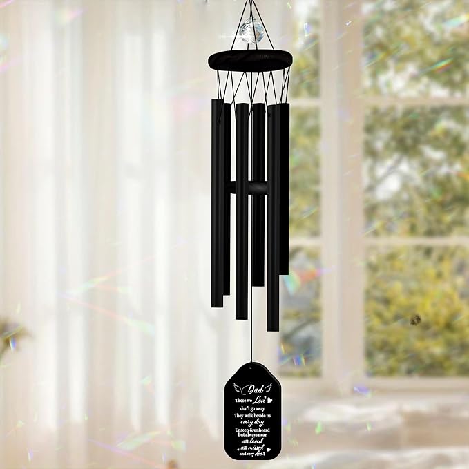 Crystal Dad Memorial Wind Chimes Black Sympathy Windchimes Garden Window Decor Remembrance Keepsake Gift Loss of Daddy in Memory Papa Step Father in Law Idea Condolence Funeral Gift HW12-RB-D