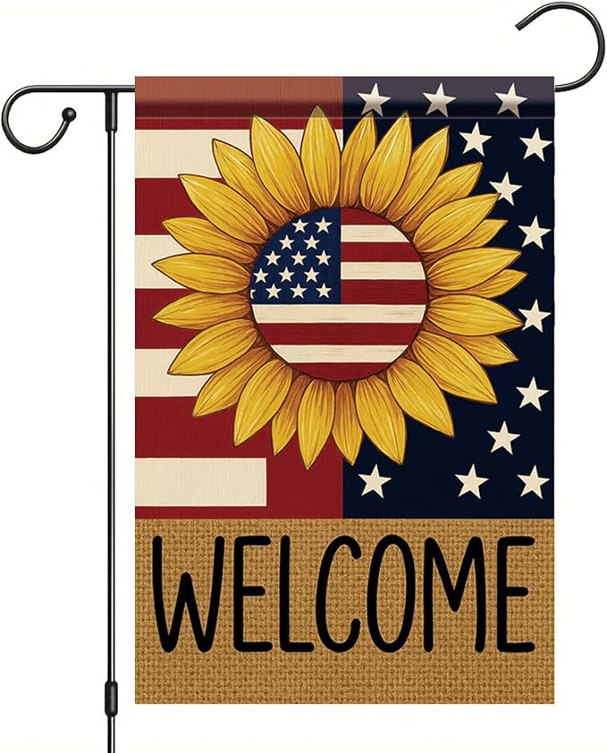 Spring Summer Garden Flag 12x18 Inch Patriotic Sunflower Welcome American Outdoor Stars Stripes Rustic Burlap Style Outdoor Yard Porch Lawn for Seasonal Americana Home Decor
