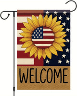 Spring Summer Garden Flag 12x18 Inch Patriotic Sunflower Welcome American Outdoor Stars Stripes Rustic Burlap Style Outdoor Yard Porch Lawn for Seasonal Americana Home Decor