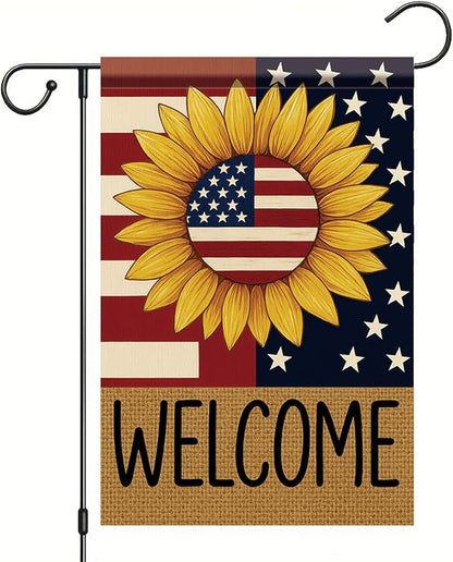 Spring Summer Garden Flag 12x18 Inch Patriotic Sunflower Welcome American Outdoor Stars Stripes Rustic Burlap Style Outdoor Yard Porch Lawn for Seasonal Americana Home Decor
