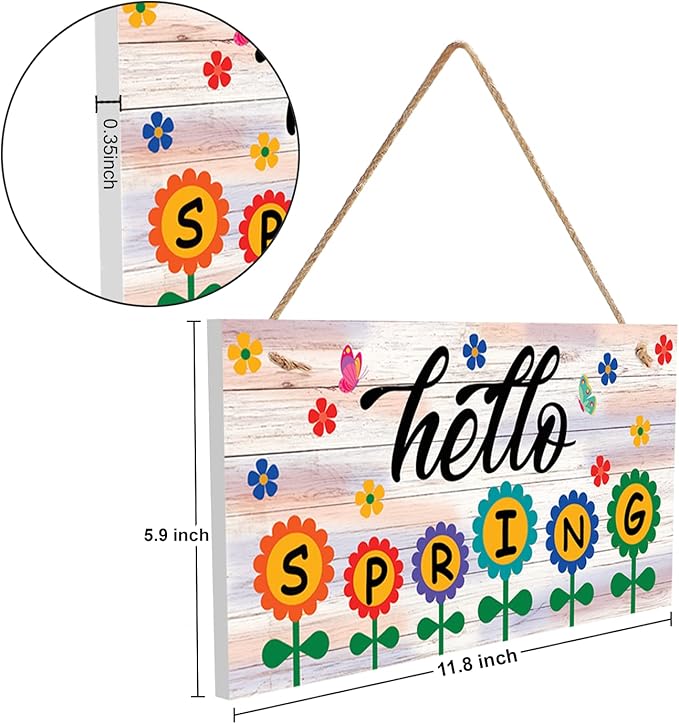 Hello Spring Sign – Hanging Farmhouse Wall Decor for Front Door, Kitchen, Living Room, Patio – Butterfly Indoor & Outdoor Holiday Decoration – House Warming Gifts New Home (Hello Spring 02)