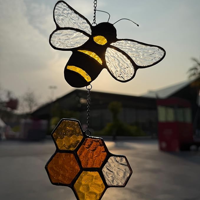 Handmade Honeybee Honeycomb Suncatcher Stained Glass Window Hangings Ornament Real Sun Catchers Indoor Window Garden Kitchen Decor Bee Gifts for Women Beekeeper Teacher