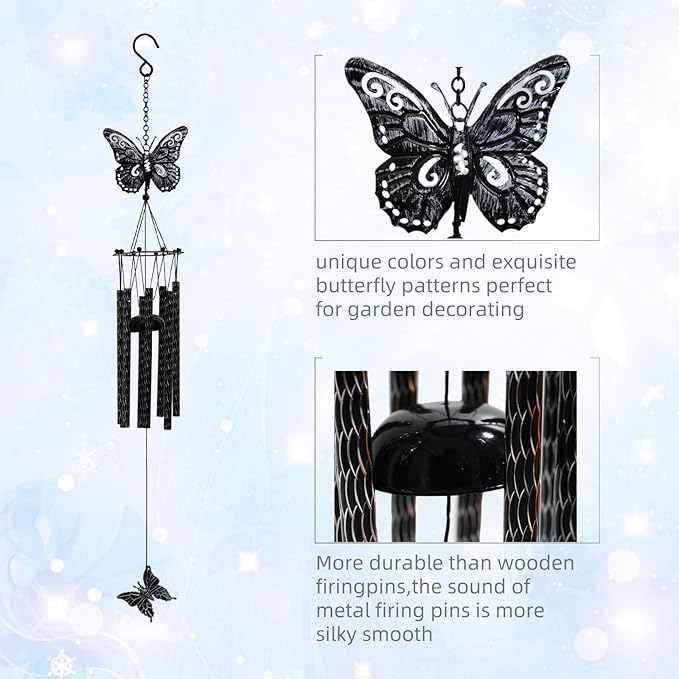 32'' Unique Butterfly Wind Chime for Outside Clearance, Garden Metal Windchimes for Outdoors Patio Decor(Black White)