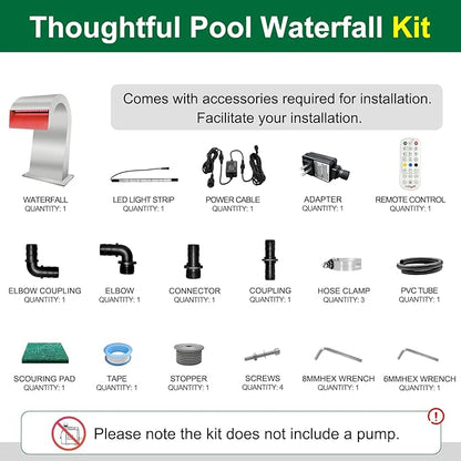 LONGRUN Waterfall Spillway Stainless Steel S-Shaped Pool Fountain, RF & APP Controled Colorful LED Light Pond Waterfalls for Indoor Outdoor Garden Rockery Koi Pond Swimming Pools-12.6" Height