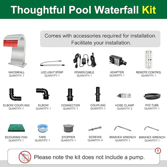 LONGRUN Waterfall Spillway Stainless Steel S-Shaped Pool Fountain, RF & APP Controled Colorful LED Light Pond Waterfalls for Indoor Outdoor Garden Rockery Koi Pond Swimming Pools-12.6" Height
