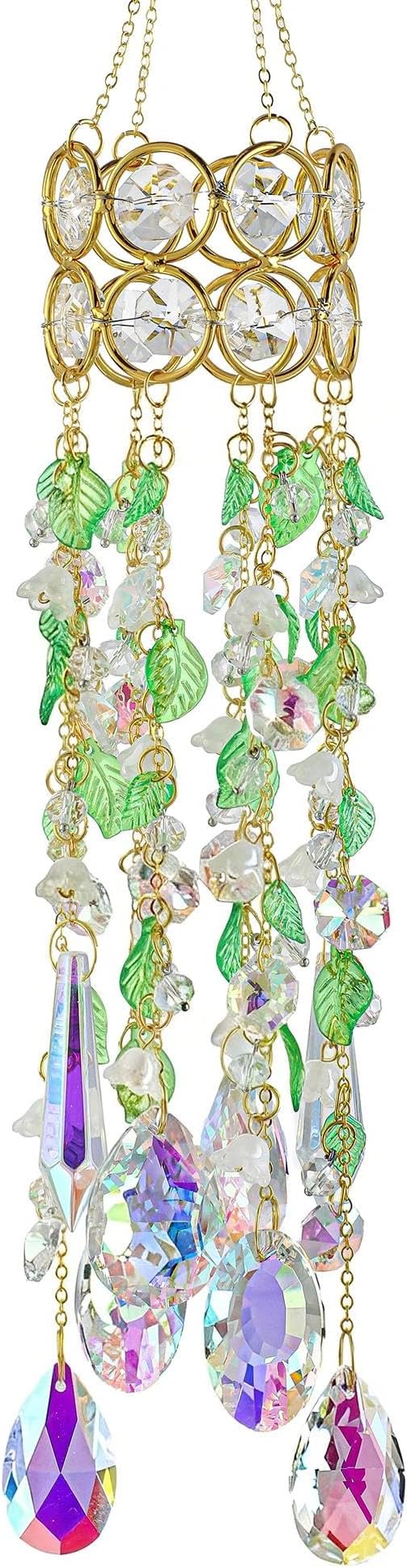 HDCRYSTALGIFTS 15.5 Inch Crystal Suncatcher for Window Hanging Gold-Plated Glass Wind Chimes Sun Catcher with Leaf Flower Beads Chain Rainbow Maker Spring Ornaments for Indoor Outdoor Garden