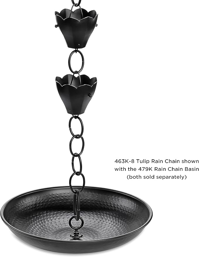13 Cup Tulip Black Aluminum 8.5 ft. Rain Chain with Gutter Installation Clip by Good Directions