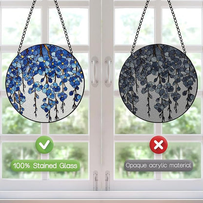 Stained Glass Window Hanging, 8 Inch Forget Me Not Flower Suncatcher, Sun Catchers Indoor Window, Blue Floral Suncatchers for Windows Hanging, Spring Home Garden Decor Panel Gifts for Mom Grandma Wife