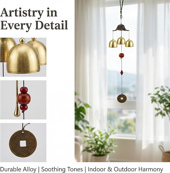 Feng Shui Wind Chimes for Good Luck Small Tibetan Brass Bells Windchimes Hanging Decor for Home Garden Outdoor Zen Campana de Viento Boho Asian Charms for Inside Outside Windstorm