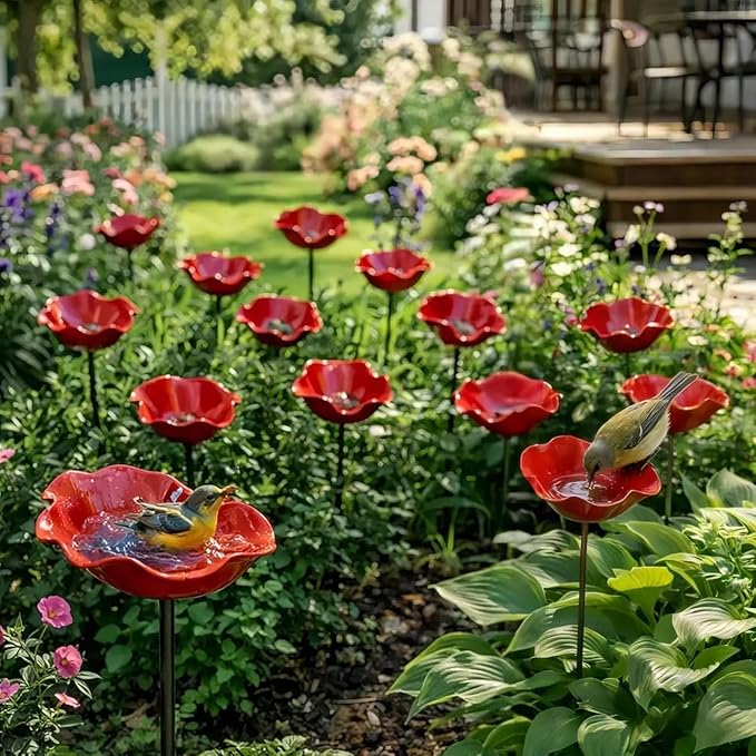 Handmade Metal Flower Garden Stake with Bird Bath & Bee Water Bowl, Bee Bird Watering Station, Butterfly & Pollinator Watering Station, Garden Yard Art Outdoor Decor (2 pcs)