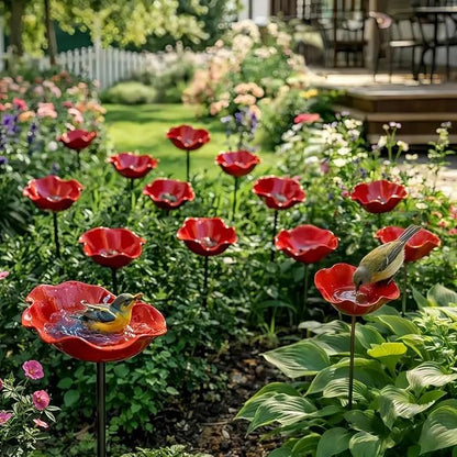 Handmade Metal Flower Garden Stake with Bird Bath & Bee Water Bowl, Bee Bird Watering Station, Butterfly & Pollinator Watering Station, Garden Yard Art Outdoor Decor (2 pcs)