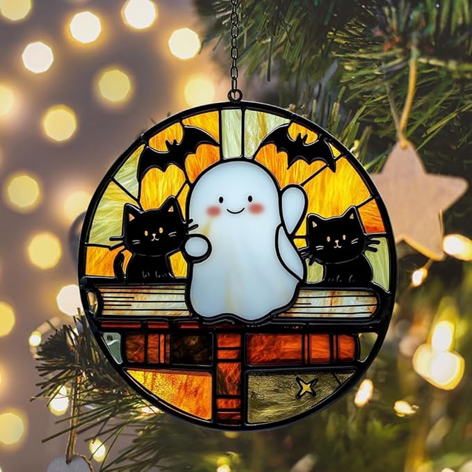 Funny Halloween Ghosts and Books Acrylic Suncatcher Stained Glass Effect Window Car Hanging Christmas Ornament Indoor Outdoor Decor Garden Sun Catcher Panel for Book Lover for Women Mom Grandma