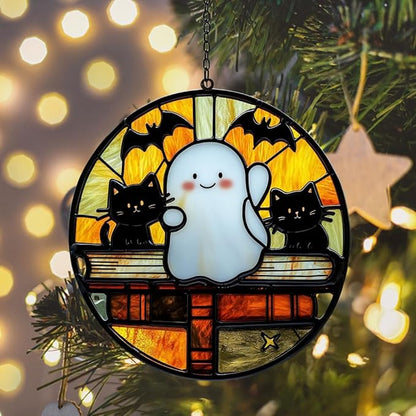 Funny Halloween Ghosts and Books Acrylic Suncatcher Stained Glass Effect Window Car Hanging Christmas Ornament Indoor Outdoor Decor Garden Sun Catcher Panel for Book Lover for Women Mom Grandma