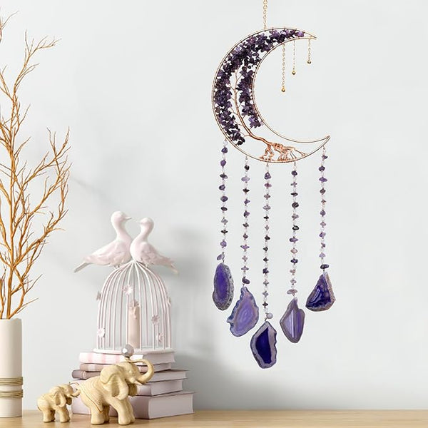 Moon Wind Chimes With Amethyst Tree for Purple Room Aesthetic, Hanging Crystal Decor for Home Wall, Purple Bedroom for Women, Unique Gifts for Women or Teen Girls