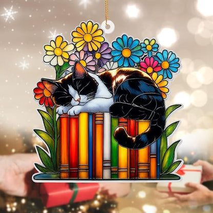 Cat Book Ornament – Stained Glass Style Acrylic Christmas Ornament, Book Lover Gifts for Women, Teacher & Librarian Holiday Decorations, Bookworm Fantasy Ornament for Reading Nook or Tree(Sun-16)