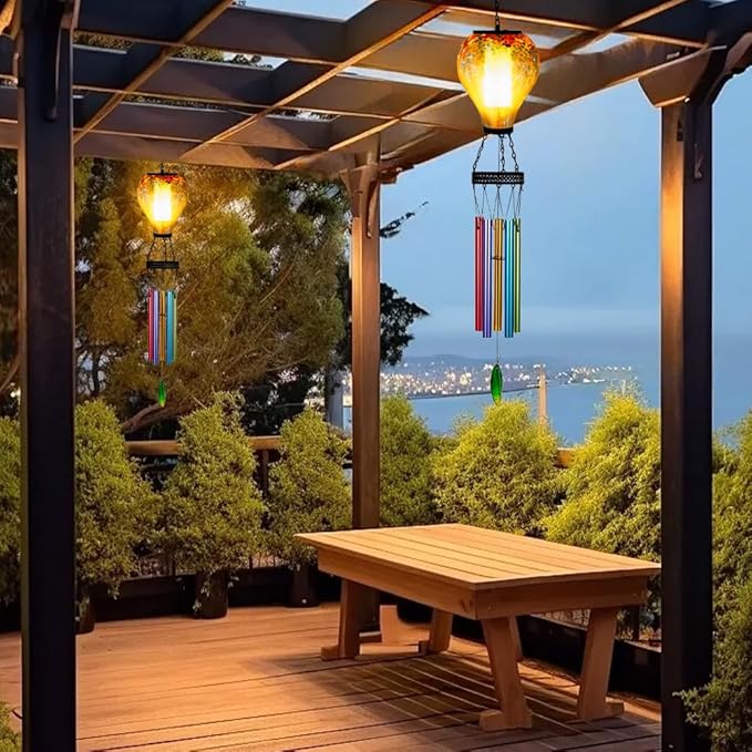 Starsoul Solar Wind Chimes for Outside, Sea Blue Hot Air Balloon Wind Chime with Flickering Flame, Outdoor Glass Windchimes Garden Decor, Gift for Mother's Day
