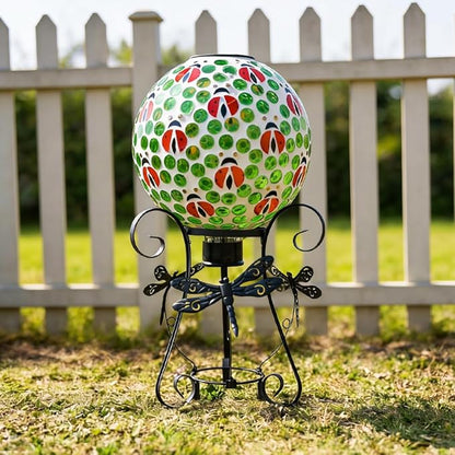 Stargarden Solar Gazing Ball, 10”Glass Gazing Globe, Mosaic Gazing Balls with Metal Ball Stand for Patio, Lawn, Garden Decor(Ladybug)