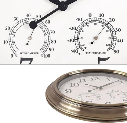 16 Inch Outdoor Clocks, Metal-Frame Outdoor Clocks Waterproof, Silent Outdoor Wall Clock for Patio Pool, Bronze