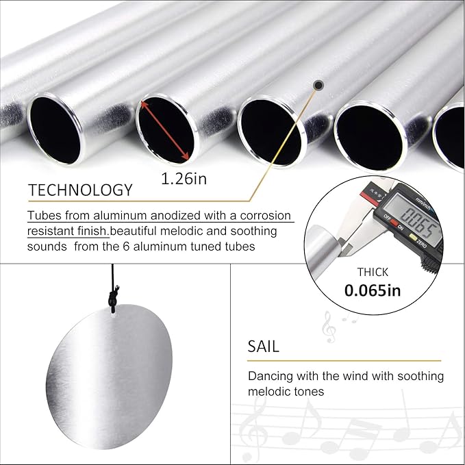 ASTARIN Premium 45-Inch Deep Tone Wind Chimes with 6 Metal Tubes - Elegant Memorial Chime for Mom, for Housewarming and Christmas Silver