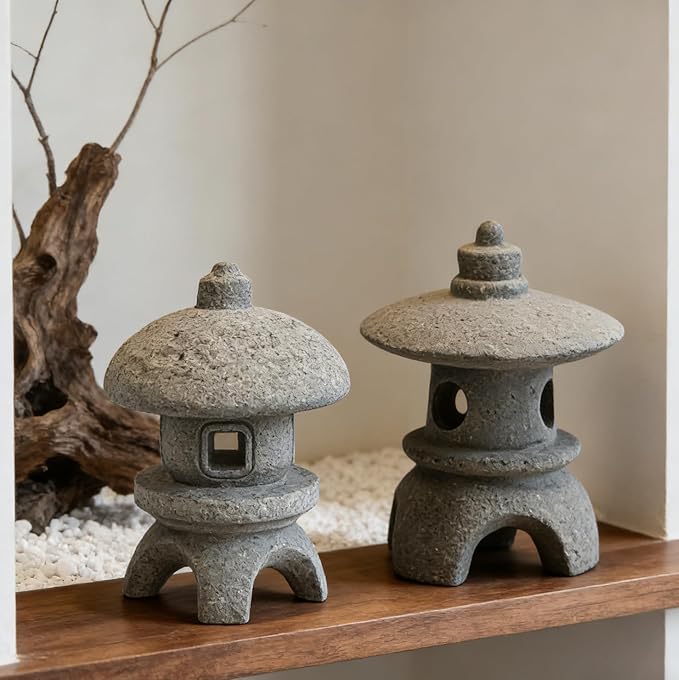 Miniature Pagoda Figurines Japanese Style Zen Garden Decor Set 2Pcs Waterproof Stone Lanterns for Bonsai Outdoor Garden Landscaping