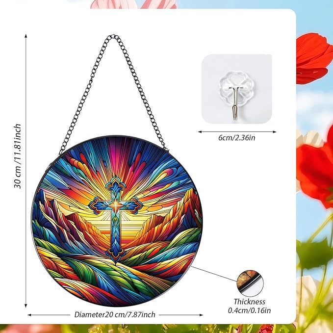 Rngmsi Stained Glass Window Hanging, 7.8″ Cross Sun Catchers with Hook Indoor Window Decor, Decorative Suncatchers Hanging Ornaments Home Garden Art Gift for Housewarming