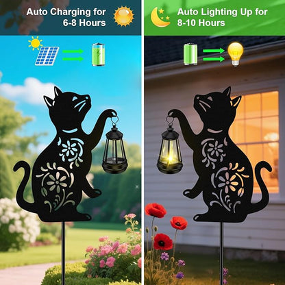 Solar Cat Hanging Lantern Outdoor, 2 Pack Black Cat Solar Lights, Cat Lover Gifts for Women Mom Grandma Birthday,Mother's Day,Waterproof Garden Ornaments Decor Outside Backyard,Patio,Pathway