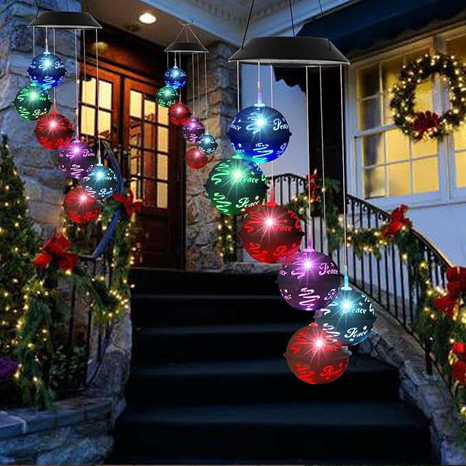 Christmas Solar Wind Chimes for Outside, Color Changing Ball Christmas Decorations Wind Chimes Outdoor Solar Hanging Lights for Garden Yard Patio Party, New Year Birthday Gifts for Mom Women Grandma