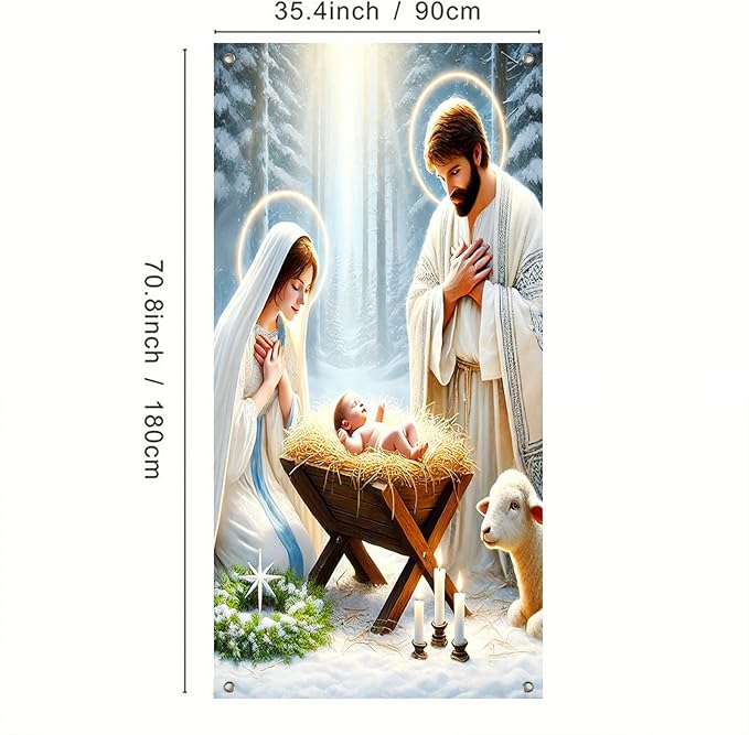 IVN Christmas Door Cover Decoration 71 x 35 in Holiday Banner Holy Night Nativity Scene in Snowy Forest Photo Backdrop Indoor Outdoor for Front Door Party Decorations