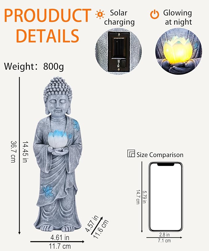 Nacome Solar Buddha Garden Statues with Lotus Flower: Resin Zen Decor Waterproof Sculpture Outdoor Light Design for Outside Patio Lawn Yard Balcony - 14.6 inches(Grey)