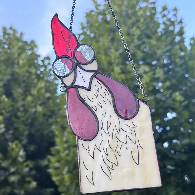 Peeping Rooster Stained Glass Window Hanging, Chicken Gifts for Women Mom Grandma Wife, Chicken Kitchen Decor, Funny Window Corner Hanging Rooster Decor Staring