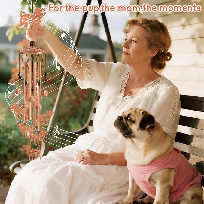 Pug Wind Chimes for Outside Metal Windchimes Pug Gifts for Women Men Garden Decor for Patio Yard Memorial for Dog Lovers