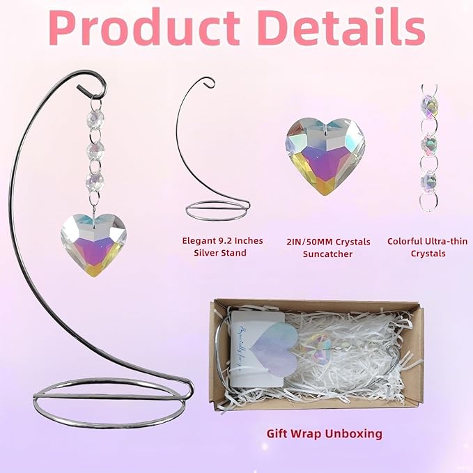 Sun Catchers,Crystal Suncatcher with Stand Chain Pendant Ornaments Hanging Crystals Prism Rainbow Maker for Windows Indoor Outdoor Home Decoration,Birthday Christmas for Women Girl