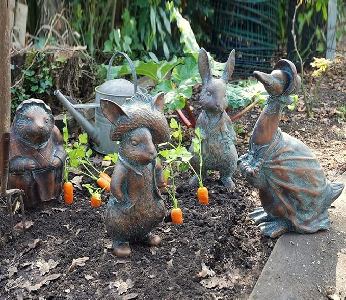 Beatrix Potter Ornament Set, Peter Rabbit, Jemima Puddle-Duck, Mrs Tiggy-Winkle, Benjamin Bunny, Hand Cast Stone Garden Statue Ornament, Outdoor Easter Decorations (Peter Rabbit)